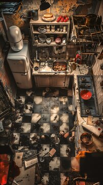 An abstract portrayal of a dystopian kitchen scene, featuring a high-angle perspective Showcase surreal food compositions using unexpected camera angles