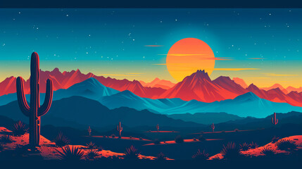 illustration of psychedelic style cactus and desert at the sunset