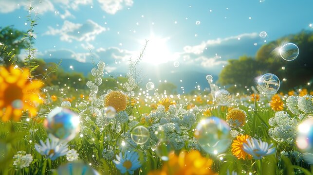 A picturesque meadow bathed in sunlight, with floating protons and electrons adding a magical, otherworldly aura to the scene, symbolizing the harmony of nature and atomic forces. shiny, Minimal and