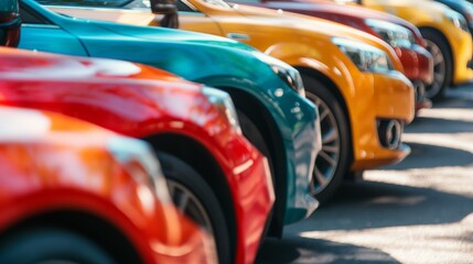 Close-up of vibrant colored cars aligned in a parking lot under bright sunlight on a clear day
