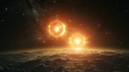 Obraz premium A binary star system with two suns of different colors, their gravitational forces creating complex orbits for surrounding planets, set against a backdrop of a star-studded sky. shiny, Minimal and