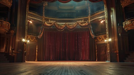 An empty theater stage with curtains and lights.