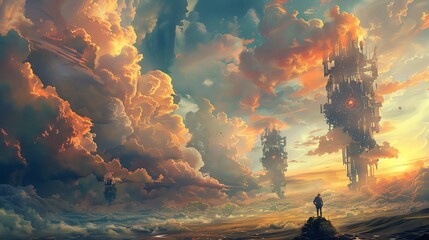Create a breathtaking, ethereal landscape with towering, surrealistic robots in the distance, under a dramatic sky filled with swirling clouds