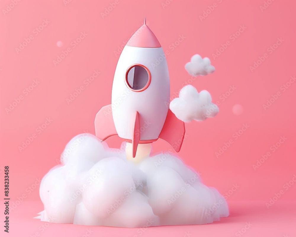 Poster launch of a rocket on a pink background with a spaceship icon, illustrating a startup business conce