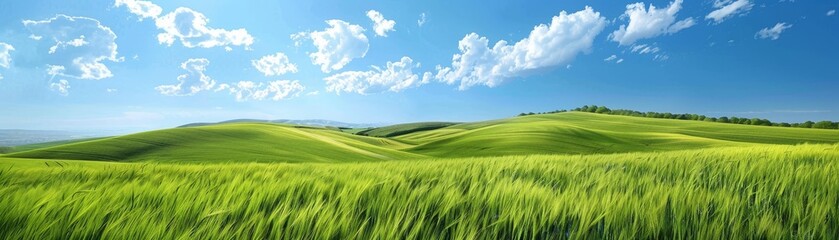 Obraz premium Scenic view of rolling green hills under a bright blue sky with fluffy clouds, perfect for nature and landscape themes.