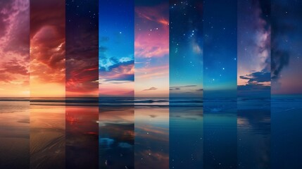 Collage of Ocean Sunset and Night Sky with Stars Over Horizon Reflections