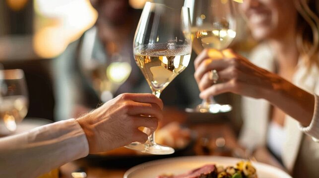 Closeup of two people toasting with white wine glasses at an elegant restaurant table, capturing detailed expressions of smiles and laughter. One person enjoys their food while the other holds a piece