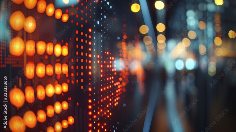 Poster a close-up of a digital display board in a stock exchange, showing real-time market data