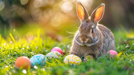 Fototapeta premium Cute rabbit sitting on grass surrounded by colorful painted Easter eggs in a sunny outdoor setting.