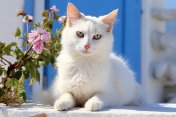 Portrait of a funny turkish van cat while standing against stylized simple home office background