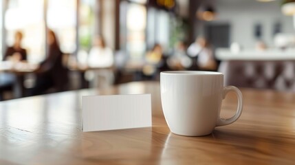 cup of coffee on table with card, template mockup for branding, copy space background	