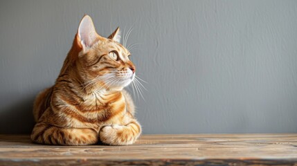 A close-up of an orange tabby cat sitting on a wooden table, looking to the right with its ears perked up.