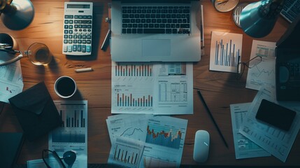 A photograph of a financial analyst's desk with charts, graphs, and stock market data