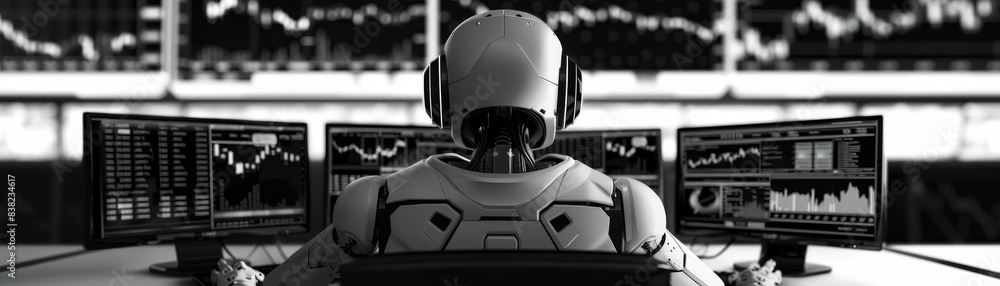 Aufkleber a robot monitors stock trading with multiple screens, representing artificial intelligence in financ