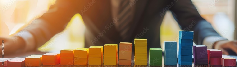 Poster colorful bar graph blocks with a businessperson analyzing data in the background, representing growt