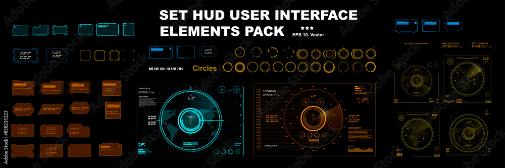 Fototapete Set of digital HUD elements. HUD user interface design. Modern dialog boxes, frames and interface elements. Big vector set of futuristic sci-fi HUD interface elements