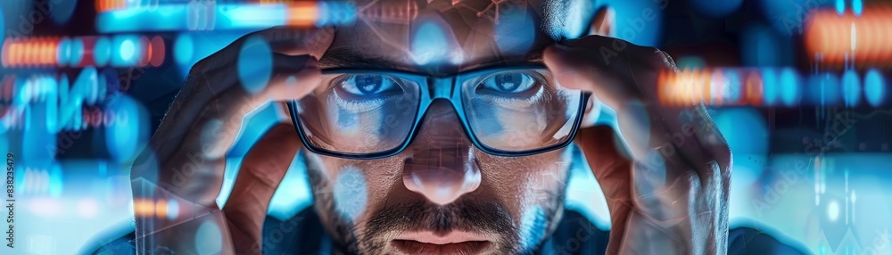 Poster focused person wearing glasses, analyzing data displayed on computer screens with colorful lights, r