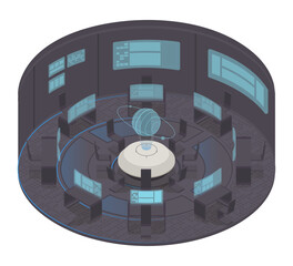 Vector isometric low poly minimalistic tech interior with various furniture. Modern vector illustration. Futuristic round innovative room concept.