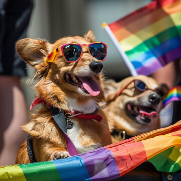 selective focus corgy dogs sunglasses rainbow pet pride month parade LGBTQ+ celebration Generative AI content.