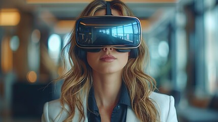 Businesswoman exploring virtual environments using a VR headset in a contemporary office setting