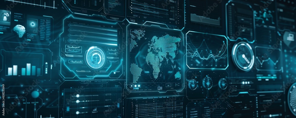 Poster futuristic digital interface with data visualization, world map, and various analytics for technolog