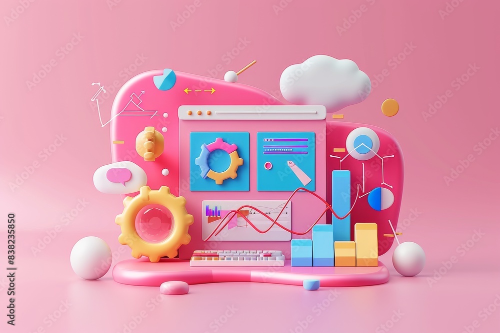 Poster growth chart report for seo. internet analytics click search information computer on pastel pink bac