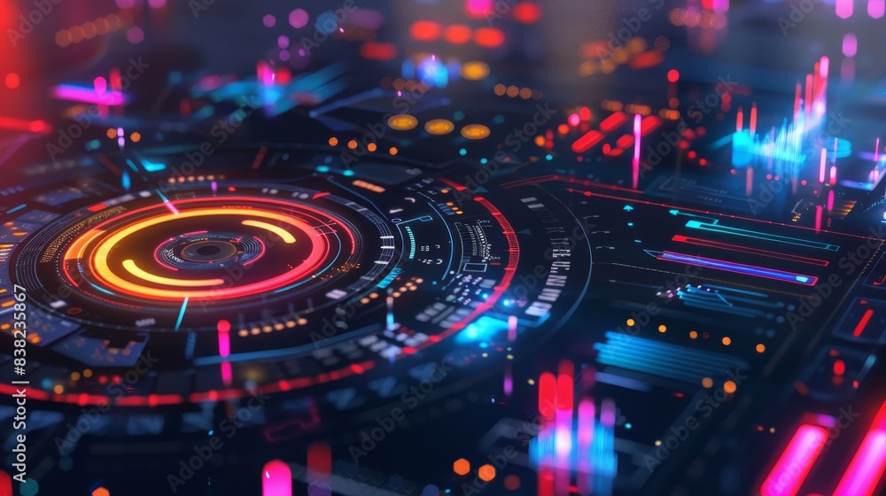 Poster futuristic digital interface with neon lights and intricate patterns. high-tech visual concept showc