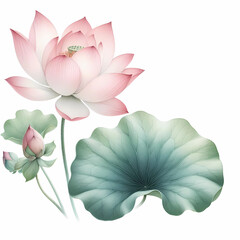 watercolor painting of lotus flower and leaf on the white background