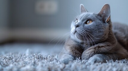 A gray cat with yellow eyes lays on a gray carpet, looking up and to the left.