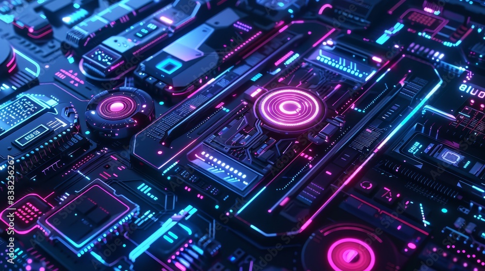 Poster futuristic neon-lit computer motherboard with circuits and components glowing in vibrant blue and pi