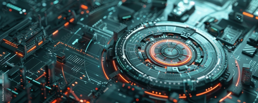 Poster futuristic technology circuit board with glowing elements, representing advanced software and cybern