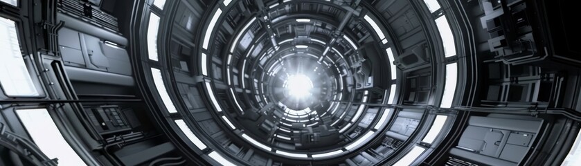 Naklejka premium Futuristic tunnel with illuminated lights, resembling a science fiction scene from a spacecraft or high-tech environment.