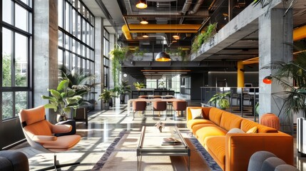 Modern loft-style office space with open layout, bright natural lighting, contemporary furniture, plants, and industrial interior design.