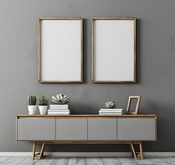 Modern interior design, sideboard with books and succulents on top, two blank picture frames above the cabinet, gray wall background, minimalistic style, soft lighting