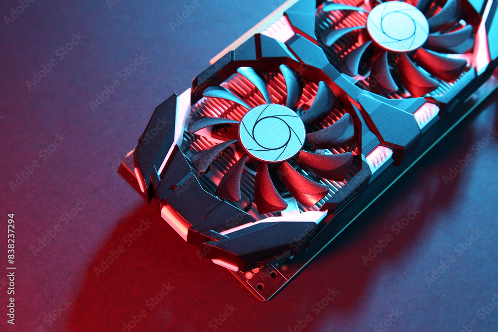 Aufkleber computer graphics card on color background, closeup. space for text