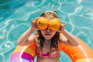 Child in swimming pool. Kid eating orange, Child in swimming pool. Kid eating orange. Happy summer