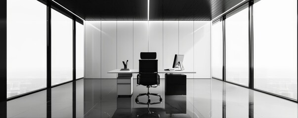 Modern minimalist office space with large windows, sleek furniture, and a breathtaking city view, perfect for business or professional settings.