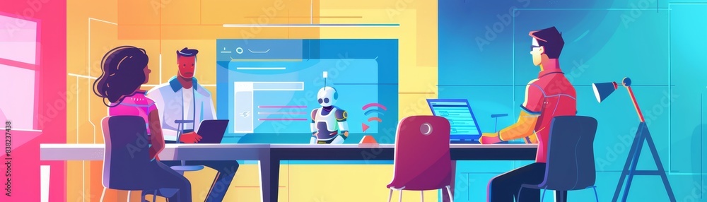 Poster office with diverse team collaborating on a project, using technology and a robot. modern workplace 