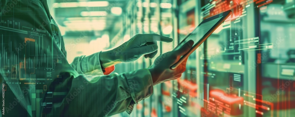 Poster person using tablet in a data center with digital overlays, indicating modern technology and data ma