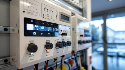 A row of electronic devices are mounted on a wall