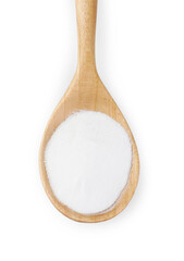 Baking soda in spoon isolated on white, top view