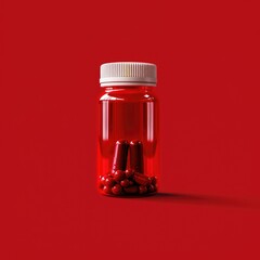 Red pill supplements in pill bottle on red background