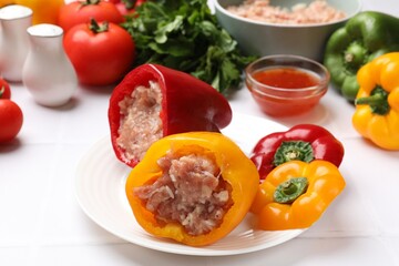 Raw stuffed peppers, ground meat and ingredients on white table