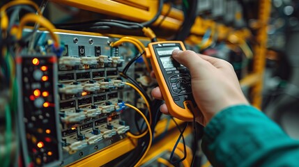 Hand Measuring Electrical Current with Multimeter in Wiring Panel