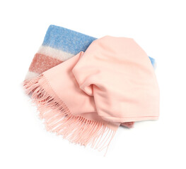 Two beautiful stylish scarfs on white background, top view