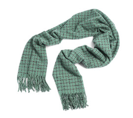 One beautiful green scarf on white background, top view