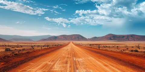 Naklejka premium Red sand and dirt vast desert landscape with a highway crossing to the horizon.