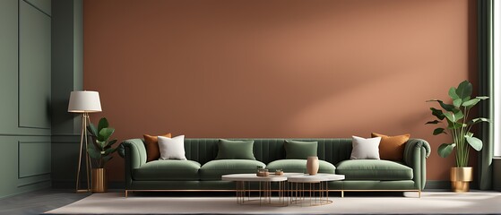 Luxury Business Lounge in Terracotta Brown with Gray, Camel, and Green - Modern Interior Design

