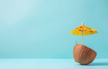A mini coconut cocktail with an umbrella on a blue background, minimal concept photography. Summer vacation concept