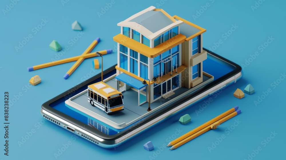 Poster school on an android device. 3d illustration of a learn online concept.